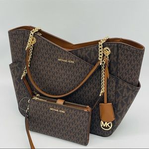 Michael Kors Large X Chain Shoulder Tote Bag & Double Zip Wallet Wristlet Brown